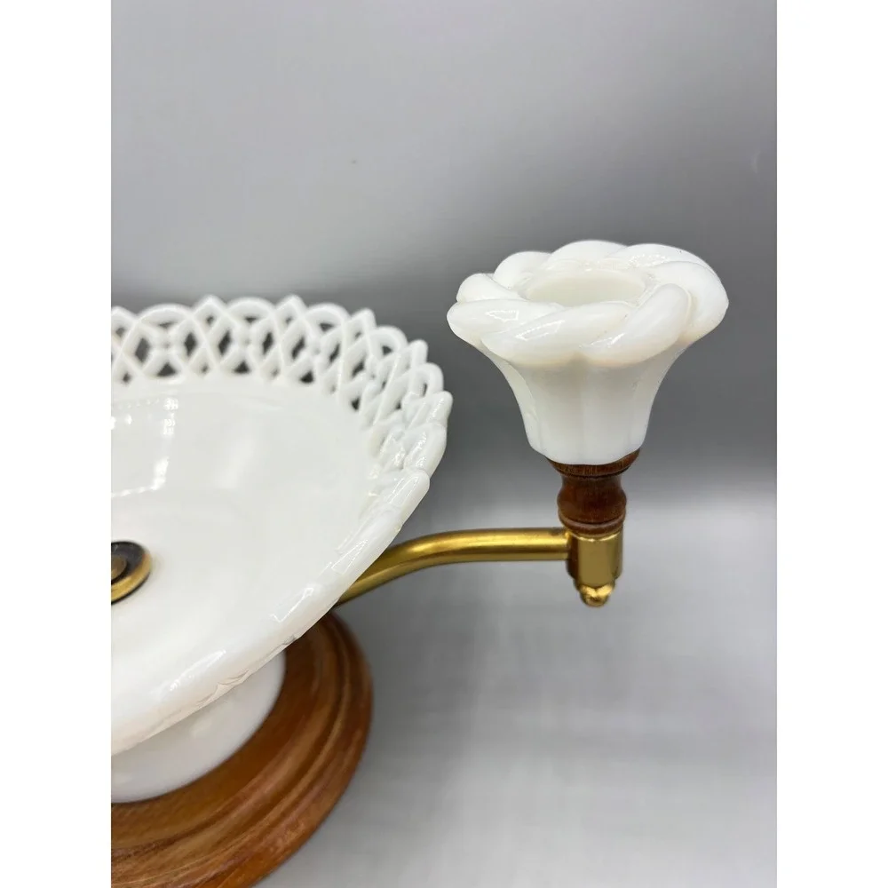 Vtg Westmoreland Milk Glass‎ Centerpiece Lace Edge Bowl Candle Holders Wood Base